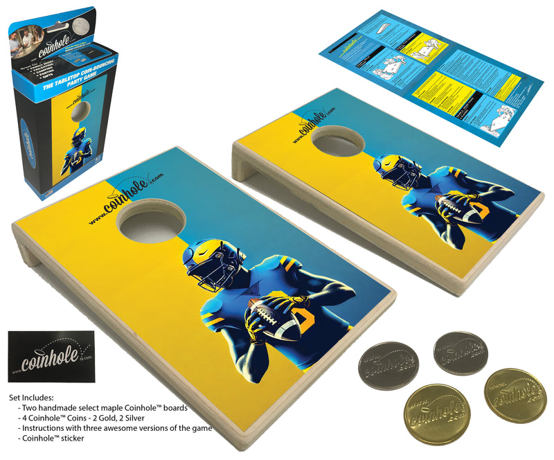 Blue & Yellow Football Player Coinhole® Tabletop Game Set