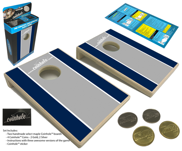 Navy, grey, and white racing stripe Coinhole® Game Set