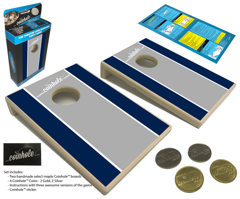 Navy, grey, and white racing stripe Coinhole® Game Set